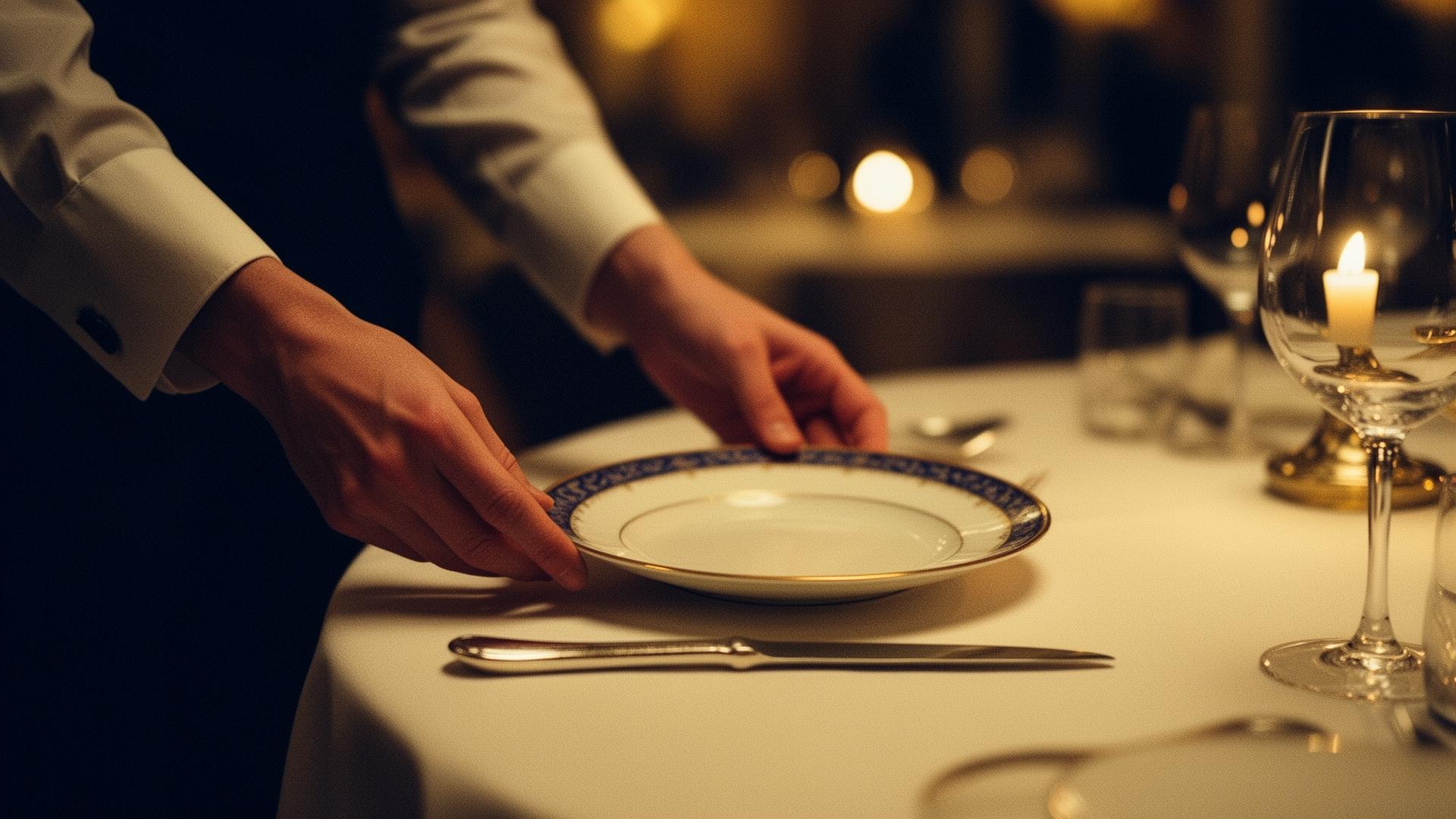 A server places a plate at a candlelit dining table